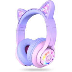 imageiClever Cat Ear Kids Bluetooth Headphones LED Lights Up 7485dBA Safe Volume Limited 50H PlaytimeBluetooth 52 USB C Kids Headphones Wireless for Travel iPad Tablet Meow Macaron Hot PinkPink Gradient