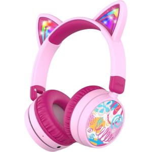 imageiClever Kids Bluetooth Headphones Light Up Cat Ear Safe Volume 7485dBA60H PlaytimeBluetooth 53USB C ChargingWireless Kids Headphones AUX Cord for iPad Tablets School Travel Meow CookiesPink