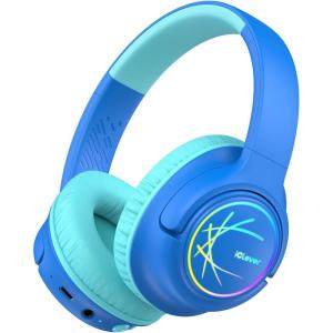imageiClever Kids Bluetooth Headphones with LED Lights 43H Playtime TypeC Fast Charging BTH18 Safe Volume 7485dBA Bluetooth53Toddler Headphones Aux Cord for iPadTabletTravelSchool BlueBlue