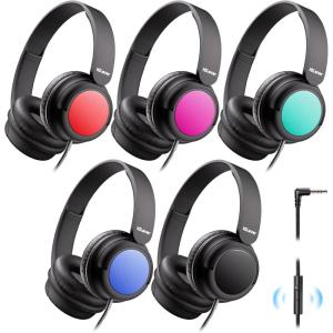 imageiClever Kids Headphones Bulk 5 Pack for Students K12 ampamp Teachers Durable PP Material 85dBA Safe Volume Multiple Folding Options Kids Wired Headphones for SchoolClassroomHomeTravelColorful with Mic