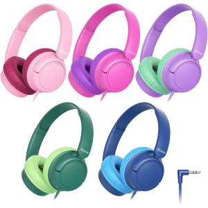 imageiClever Kids Headphones Bulk 5 Pack for Students K12 ampamp Teachers Durable PP Material 85dBA Safe Volume Multiple Folding Options Kids Wired Headphones for SchoolClassroomHomeTravelBright Color