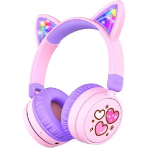 imageiClever Kids Headphones Cat Ear LED Light Up 85dBA Safe Volume Stereo Sound Toddler Headphones for Travel School Foldable 35mm Wired Kids Headphone for iPad Tablets Meow LollipopHot PinkWirelessPeach Pink