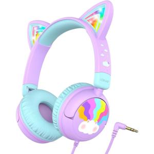 imageiClever Kids Headphones Cat Ear LED Light Up 85dBA Safe Volume Stereo Sound Toddler Headphones for Travel School Foldable 35mm Wired Kids Headphone for iPad Tablets Meow LollipopHot PinkPurple