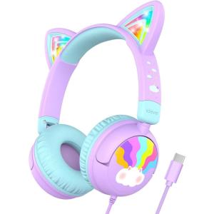 imageiClever Kids Headphones Cat Ear LED Light Up 85dBA Safe Volume Stereo Sound Toddler Headphones for Travel School Foldable 35mm Wired Kids Headphone for iPad Tablets Meow LollipopHot PinkType C PlugPurple
