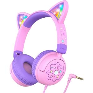 imageiClever Kids Headphones Cat Ear LED Light Up 85dBA Safe Volume Stereo Sound Toddler Headphones for Travel School Foldable 35mm Wired Kids Headphone for iPad Tablets Meow LollipopHot PinkBlossom Pink