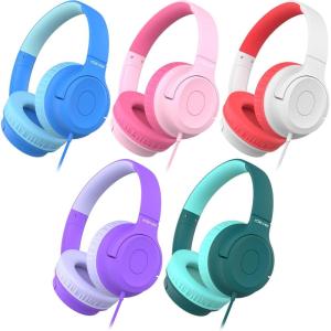 imageiClever Kids Headphones for School K12 85dBA Safe Volume Tangle Free 35mm Jack HD Stereo Swivel Foldable Kids Headphones with Cord for ClassroomStudentTabletsLaptop Bulk 5PackColorful
