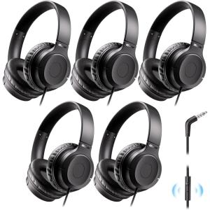 imageiClever Kids Headphones for School K12 85dBA Safe Volume Tangle Free 35mm Jack HD Stereo Swivel Foldable Kids Headphones with Cord for ClassroomStudentTabletsLaptop Bulk 5PackBlack with Mic