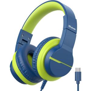 imageiClever Kids Headphones for School Travel Safe Volume Limited HD Mic Stereo Sound OverEar Girls Boys Headphones for Kid FunShare Foldable 35mm Wired for iPad Computer HS19TypeC Blue Green