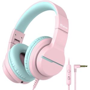 imageiClever Kids Headphones for School Travel Safe Volume Limited HD Mic Stereo Sound OverEar Girls Boys Headphones for Kid FunShare Foldable 35mm Wired for iPad Computer HS19A Pink