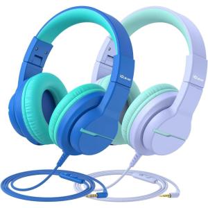 imageiClever Kids Headphones for School Travel Safe Volume Limited HD Mic Stereo Sound OverEar Girls Boys Headphones for Kid FunShare Foldable 35mm Wired for iPad Computer HS19Purple  Blue