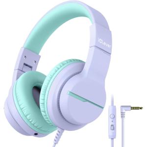 imageiClever Kids Headphones for School Travel Safe Volume Limited HD Mic Stereo Sound OverEar Girls Boys Headphones for Kid FunShare Foldable 35mm Wired for iPad Computer HS19Purple