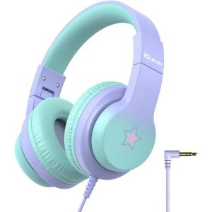 imageiClever Kids Headphones for School Travel Safe Volume Limited HD Mic Stereo Sound OverEar Girls Boys Headphones for Kid FunShare Foldable 35mm Wired for iPad Computer HS19AStar Purple