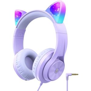 imageiClever Kids Headphones with Cat Ear Led Light Up Safe Volume Limite FunShare Foldable OverEar Headphones for Kids for SchooliPadTabletTravel Meow DonutPinkPurple