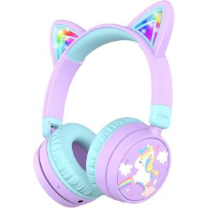 imageiClever Kids Headphones with Cat Ear Led Light Up Safe Volume Limite FunShare Foldable OverEar Headphones for Kids for SchooliPadTabletTravel Meow DonutPinkWirelessPurple