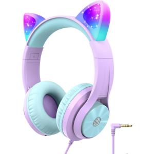 imageiClever Kids Headphones with Cat Ear Led Light Up Safe Volume Limite FunShare Foldable OverEar Headphones for Kids for SchooliPadTabletTravel Meow DonutPinkLight Purple