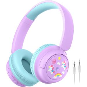 imageiClever BTH22 Kids Bluetooth Headphones 60H Play Time 7485 dBA Safe Volume Bluetooth 54 USB C Over Ear Kids Headphones Wireless with Mic AUX Cord for iPadTabletTravelSchool BlackBlueLilac
